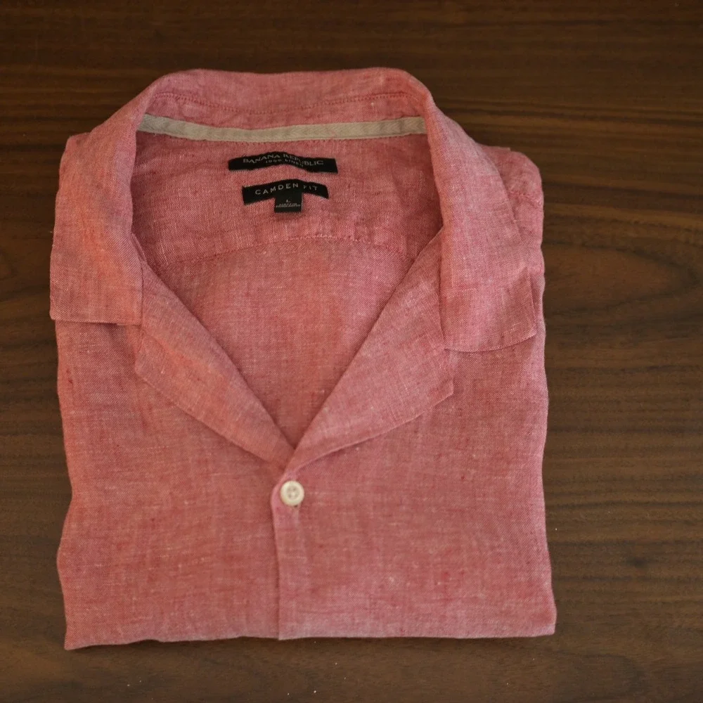 Banana Republic Mens Red 100% Linen Camden Fit Short Sleeve Camp Shirt Large